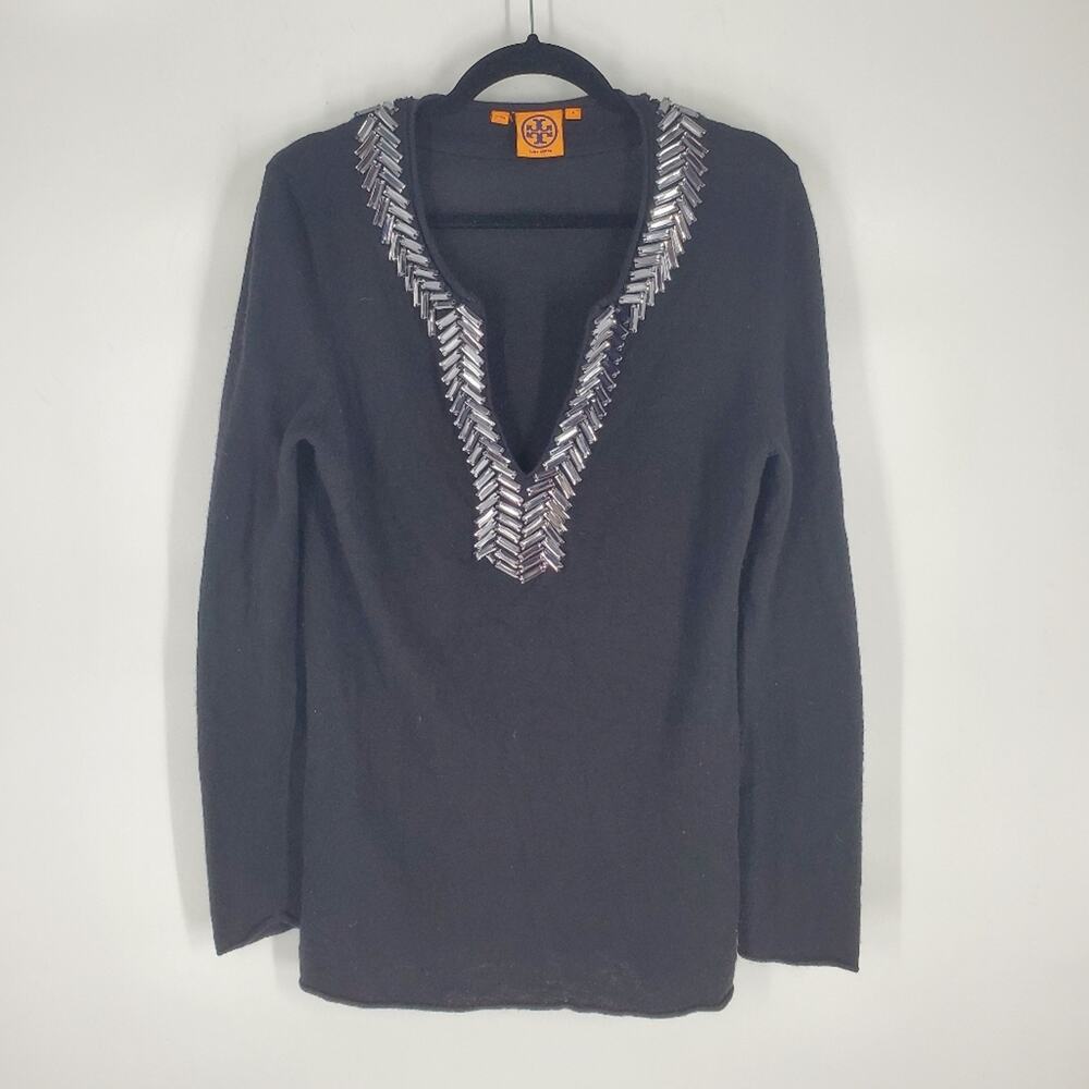 Tory Burch Black Mirror Bead Embellished Deep V Neck Wool Top M